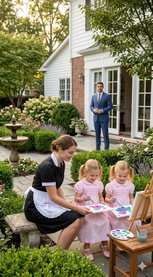 A widowed businessman returned home early to his silent mansion, ready to confront the housekeeper for letting his twin daughters paint in the garden — but when he stood quietly at the door and watched them laughing, he realized she had done something no one had been able to do since their mother was gone.