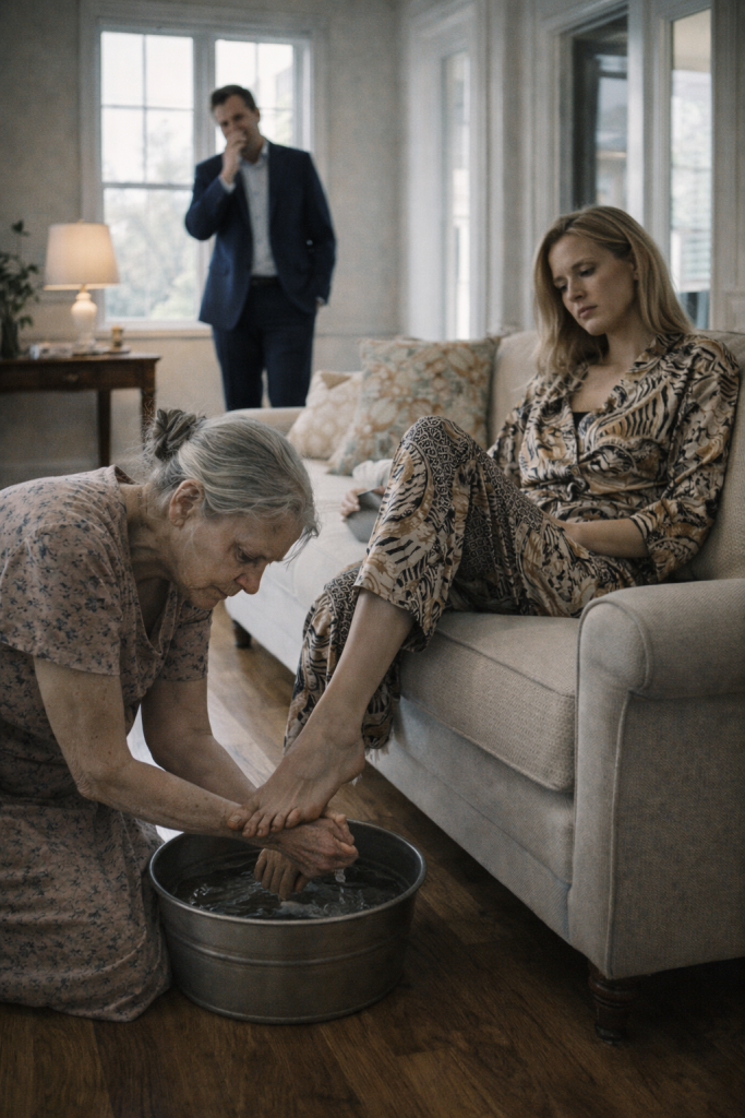 My son’s fiancée made his 78-year-old mother kneel and scrub her feet inside her own home. She believed no one would ever witness the humiliation. But then the doorbell rang—and the man standing there changed everything.