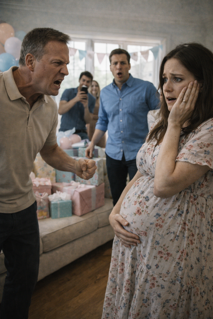 My father-in-law slapped me at my baby shower and called me “defective.” He had no idea I was 11 weeks pregnant. The room fell silent. Phones started recording. Hours later, I was in the ER. By morning, my husband had to choose—his father or his child.