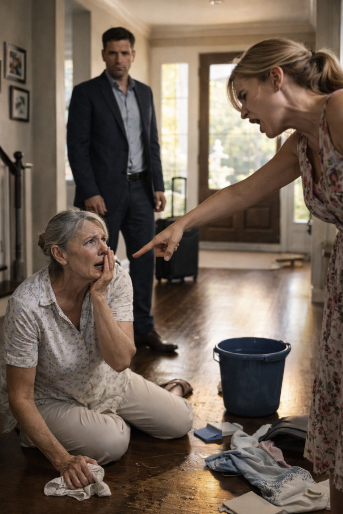 I returned from the USA with a suitcase full of gifts and a heart full of trust. The door wasn’t even locked. From inside, I heard my wife’s voice—cold and cutting: “Hurry up. Don’t act old in my house.” Then my mother’s trembling reply stopped me cold: “Please… my hands hurt.” I froze in the hallway, watching her on her knees, scrubbing the floor like a servant. My stomach sank. My wife turned, smiled, and said, “Oh… you’re early.” And in that moment, I knew—this wasn’t the first time.