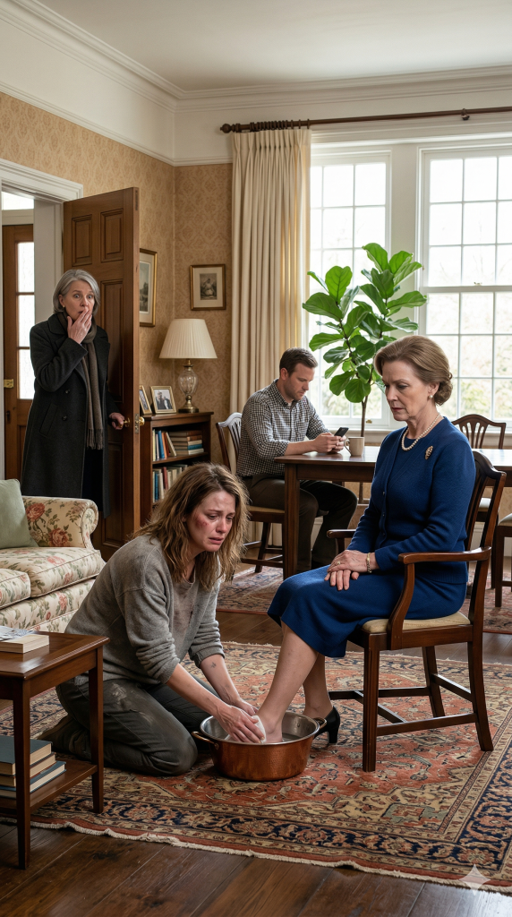 I came to see my daughter, eight months pregnant, expecting to find her glowing with happiness—but what I found stopped me cold in the doorway. She was barefoot, pale, carrying trays for her husband’s family like a servant. “Mom, please… don’t say anything,” she whispered, her hands trembling as they held her swollen belly. Then her mother-in-law smiled at me and said, “In this house, everyone knows their place.” I should have walked away… but then I noticed the bruise. For illustration purposes only