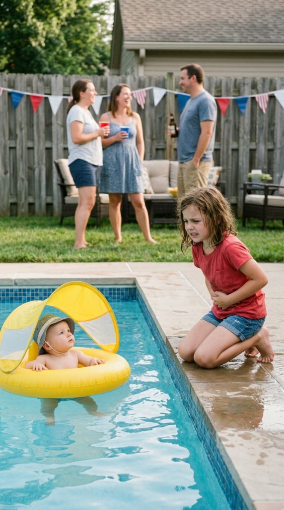 A Grandmother Hosting a Summer Pool Party Noticed Her Four-Year-Old Granddaughter Refusing to Swim and Sitting Alone Saying Her Stomach Hurt — Until the Little Girl Quietly Followed Her Into the Bathroom and Revealed the Truth Her Parents Told Her Never to Tell Anyone